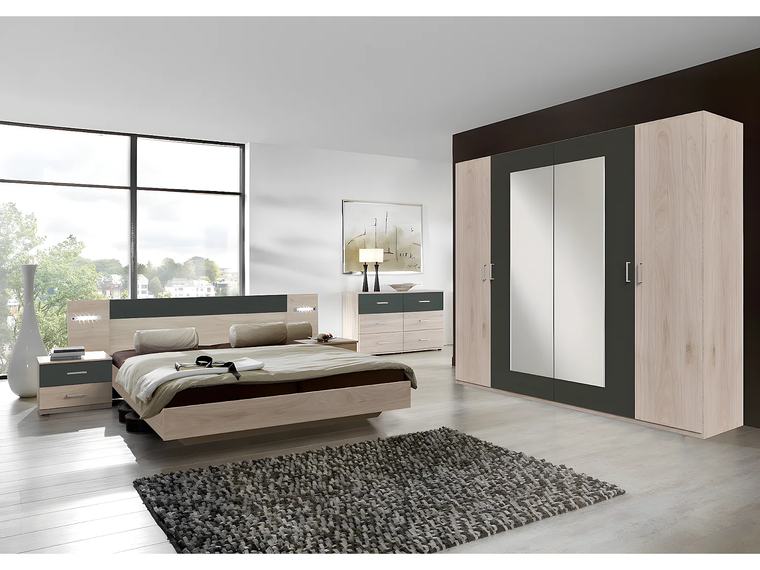 Ensemble chambre adulte Imitation chêne Hickory rechampis graphite - 160 x 200 cm