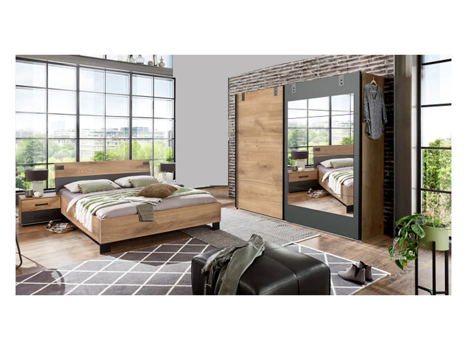 Chambre à coucher complète adulte (lit 140x200 cm + 2 chevets + armoire) coloris chêne foncé