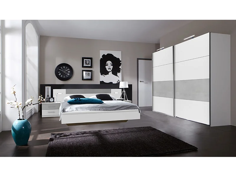 Ensemble chambre adulte Lit futon avec éclairage en Blanc, rechampis teinte béton gris clair