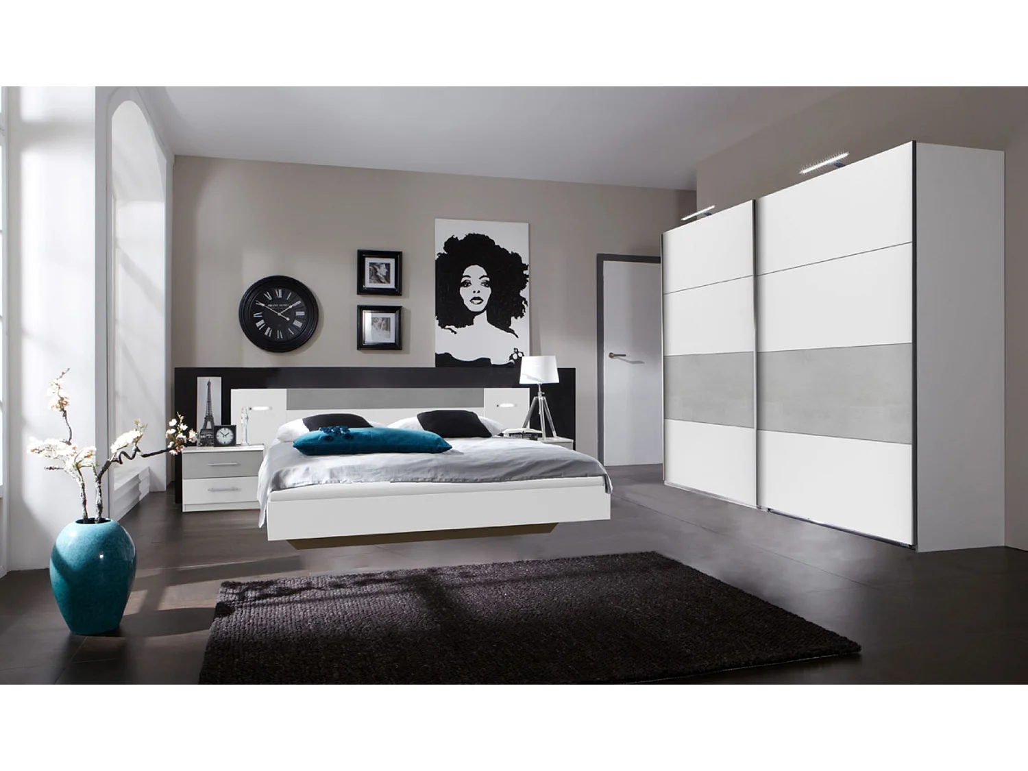 Ensemble chambre adulte Lit futon avec éclairage en Blanc, rechampis teinte béton gris clair