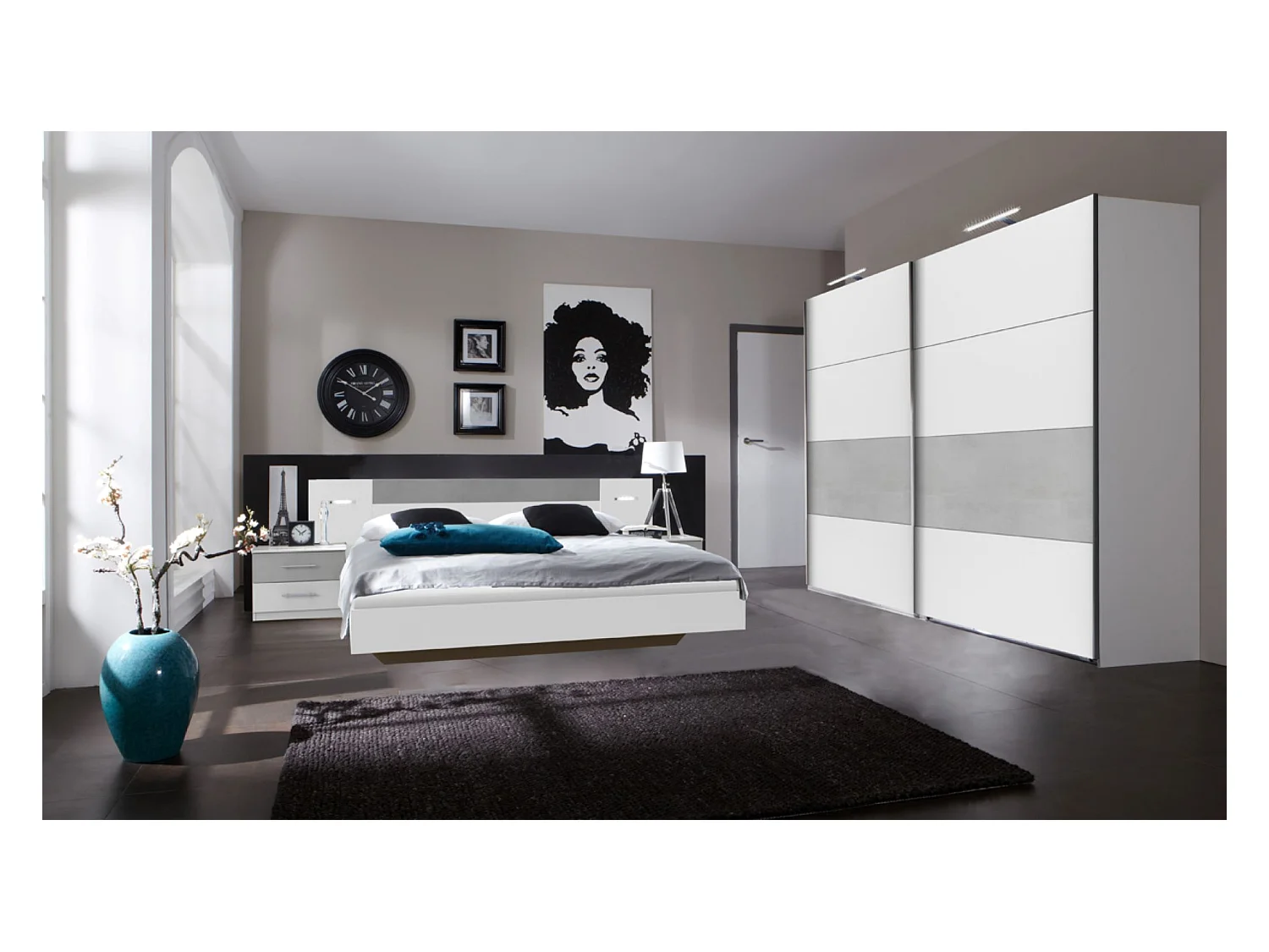 Ensemble chambre adulte Lit futon avec éclairage en Blanc, rechampis teinte béton gris clair