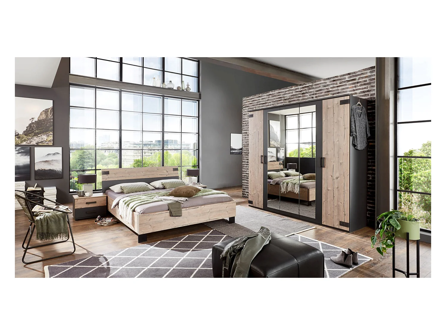 Chambre à coucher complète adulte (lit 180x200 cm + 2 chevets + armoire) coloris chêne