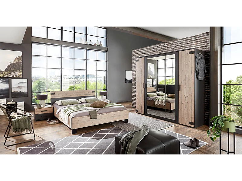 Chambre à coucher complète adulte (lit 180x200 cm + 2 chevets + armoire) coloris chêne