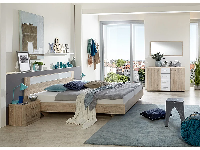 Chambre à coucher imitation chêne, rechampis verre blanc + chrome - Dim: 160 x 200 cm