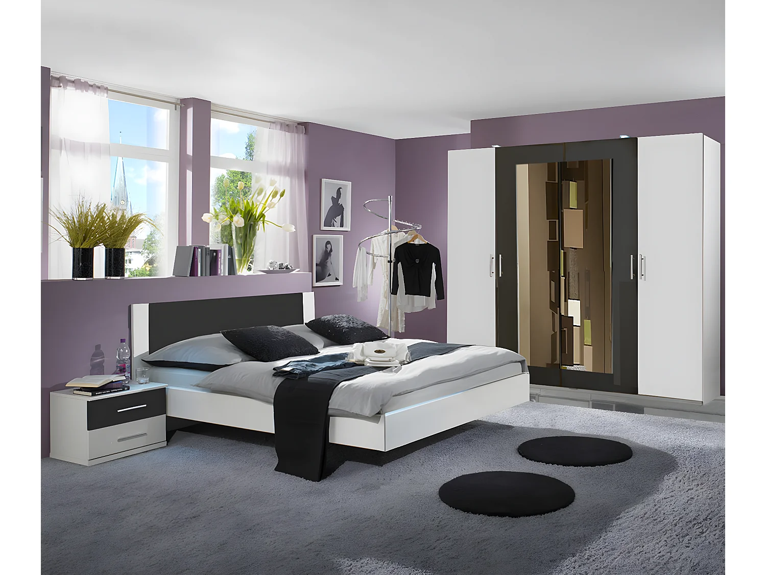 Chambre adulte coloris blanc/anthracite 180 X 200 cm-PEGANE-