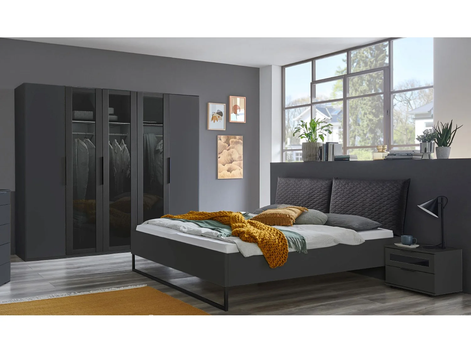 Ensemble de chambre à coucher ( armoire+ lit + 2 chevets ) coloris graphite, rechampis graphite