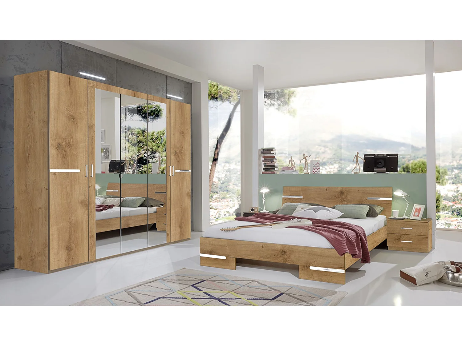 Chambre à coucher complète adulte (lit 140x200 cm + 2 chevets + armoire)