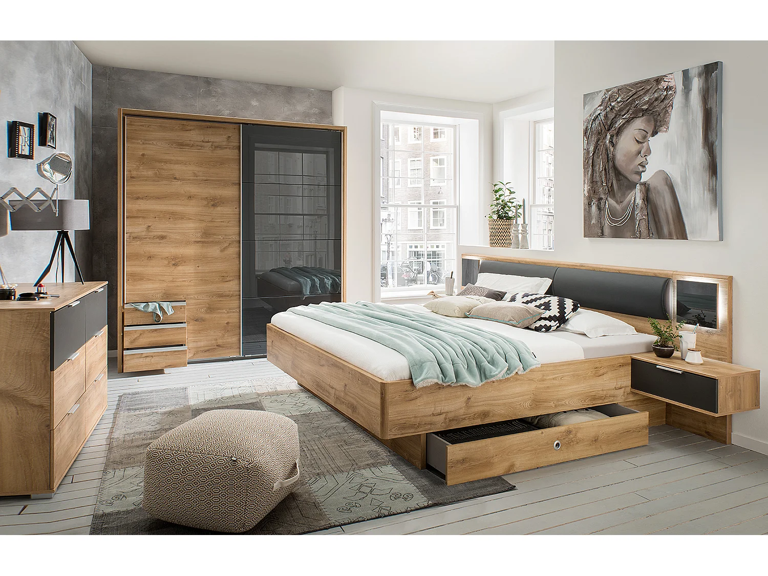 Chambre à coucher complète adulte (lit 180x200 cm + 2 chevets + 1 tiroir + armoire + commode)