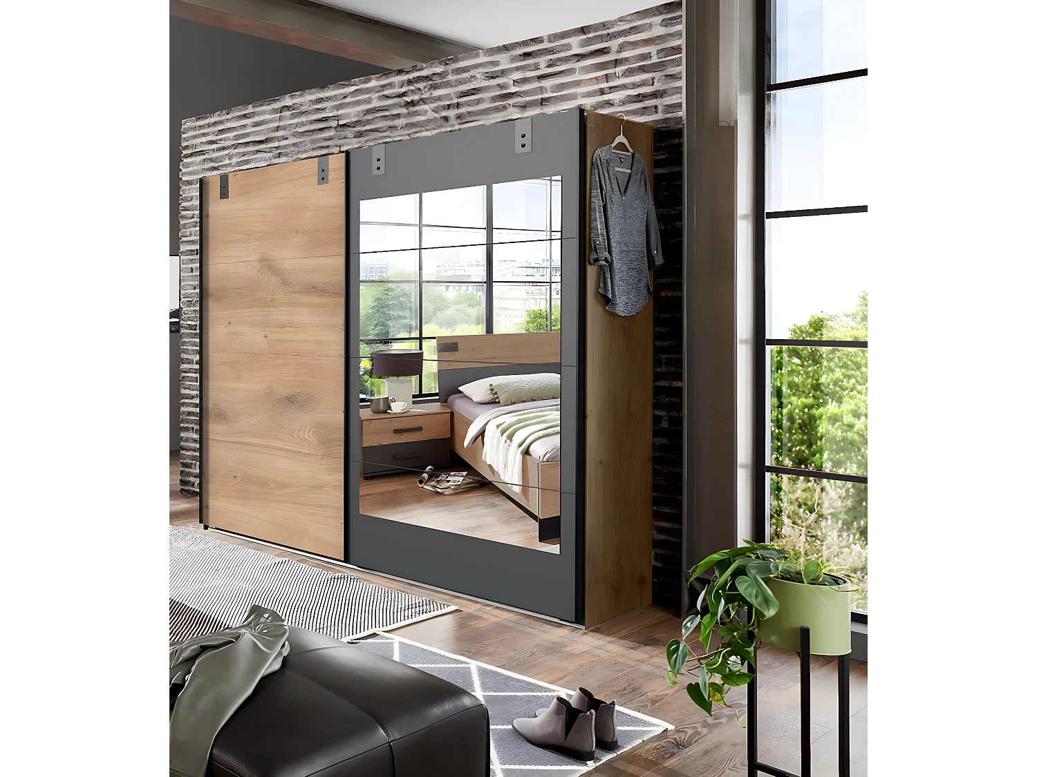 Chambre à coucher complète adulte (lit 180x200 cm + 2 chevets + armoire) coloris chêne foncé