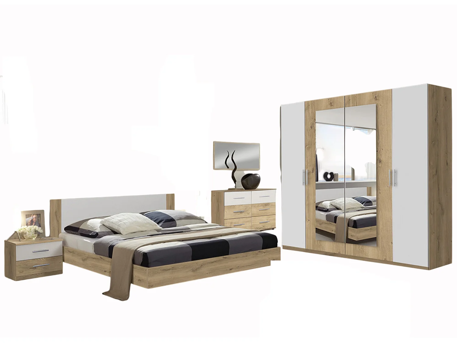 Chambre adulte 180 X 200 cm imitation chêne poutre/blanc-PEGANE-