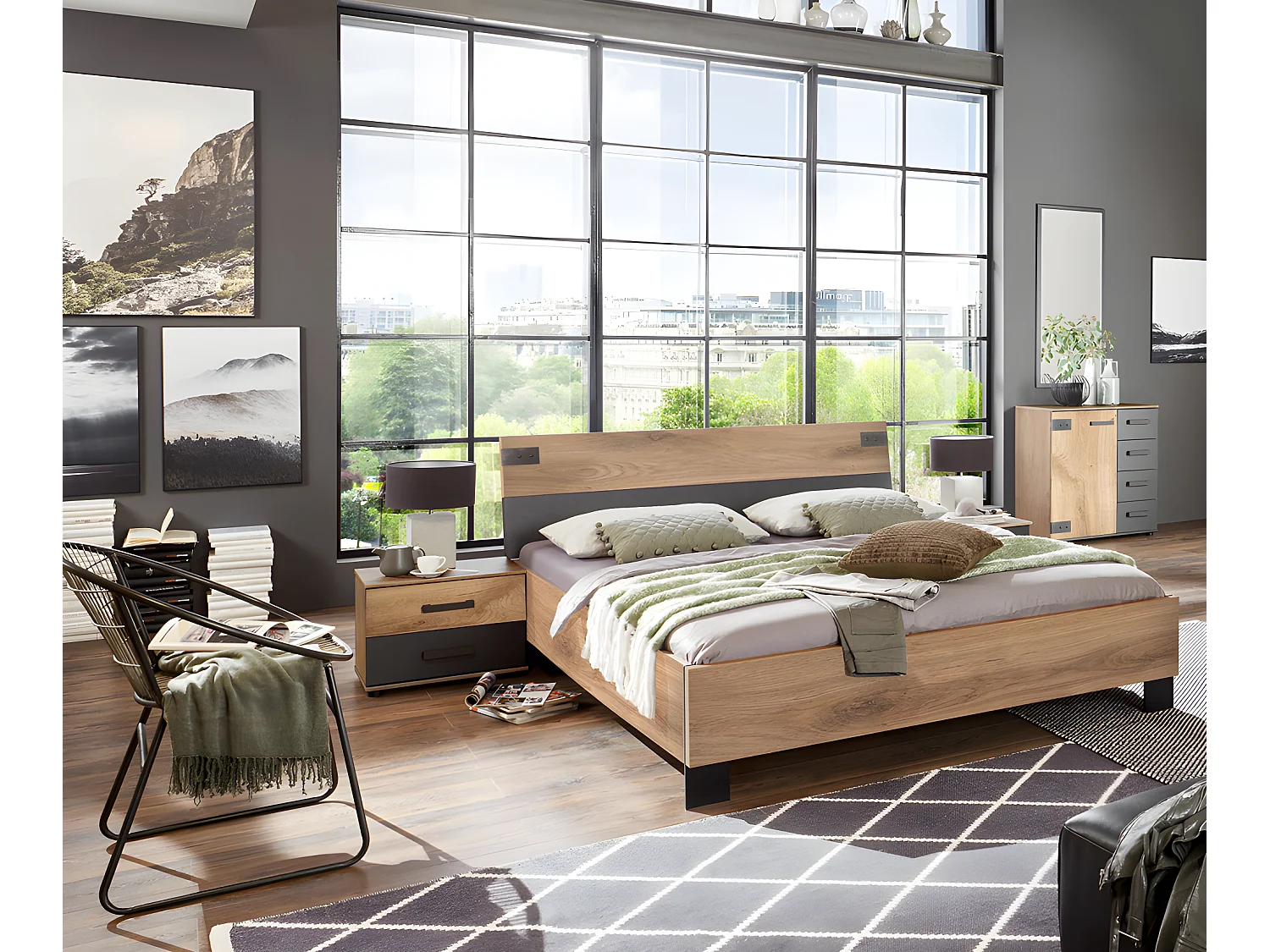 Chambre à coucher complète adulte (lit 180x200 cm + 2 chevets + commode) coloris chêne foncé