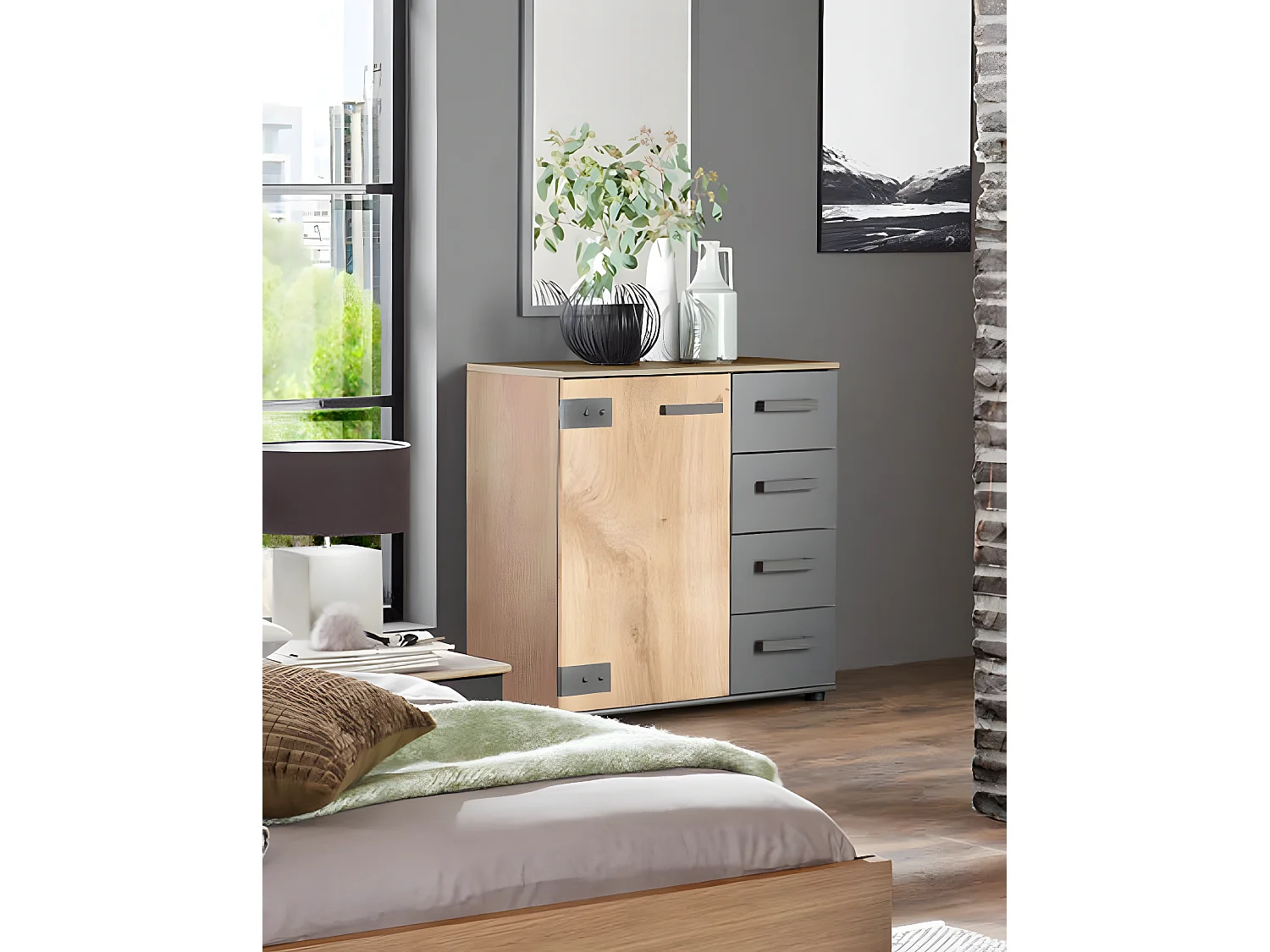 Chambre à coucher complète adulte (lit 180x200 cm + 2 chevets + commode) coloris chêne foncé