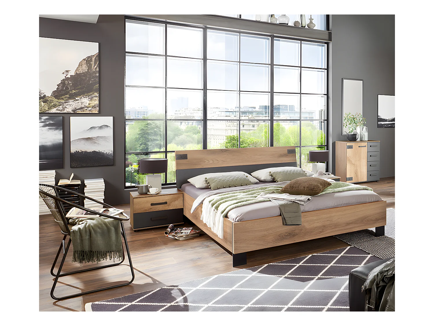 Chambre à coucher complète adulte (lit 180x200 cm + 2 chevets + commode) coloris chêne foncé