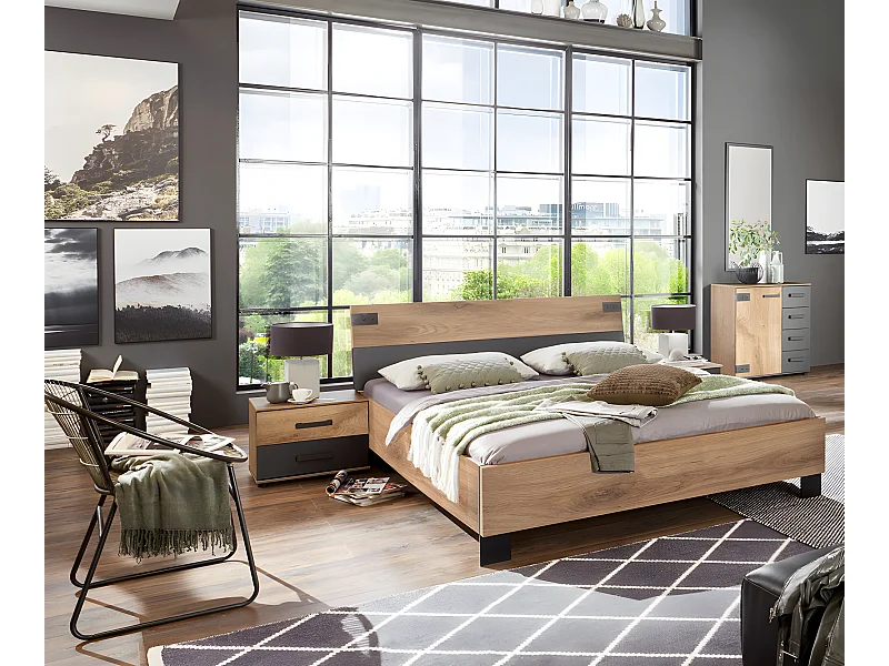 Chambre à coucher complète adulte (lit 180x200 cm + 2 chevets + commode) coloris chêne foncé