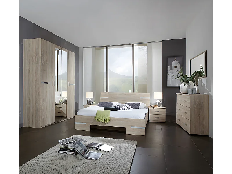 Chambre adulte imitation chêne en panneaux de particules - Dim : 140 X 200 cm