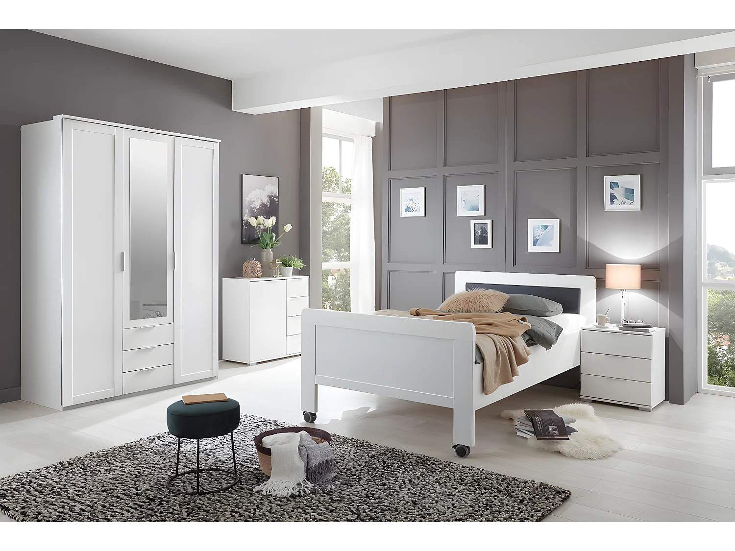 Chambre à coucher complète enfant (lit 90x200cm + chevet + armoire + commode) coloris blanc