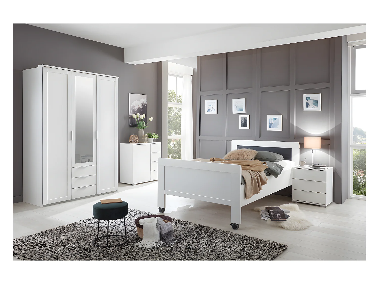 Chambre à coucher complète enfant (lit 90x200cm + chevet + armoire + commode) coloris blanc