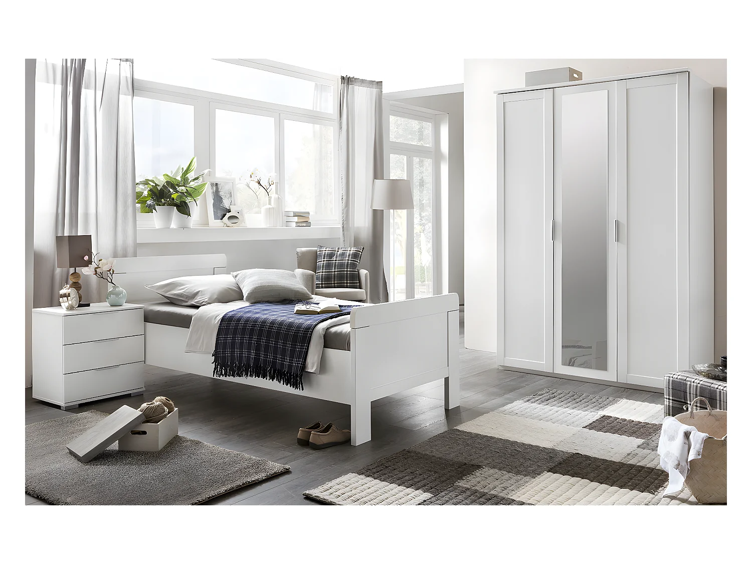 Chambre à coucher complète enfant (lit 90x200cm + chevet + armoire) coloris blanc