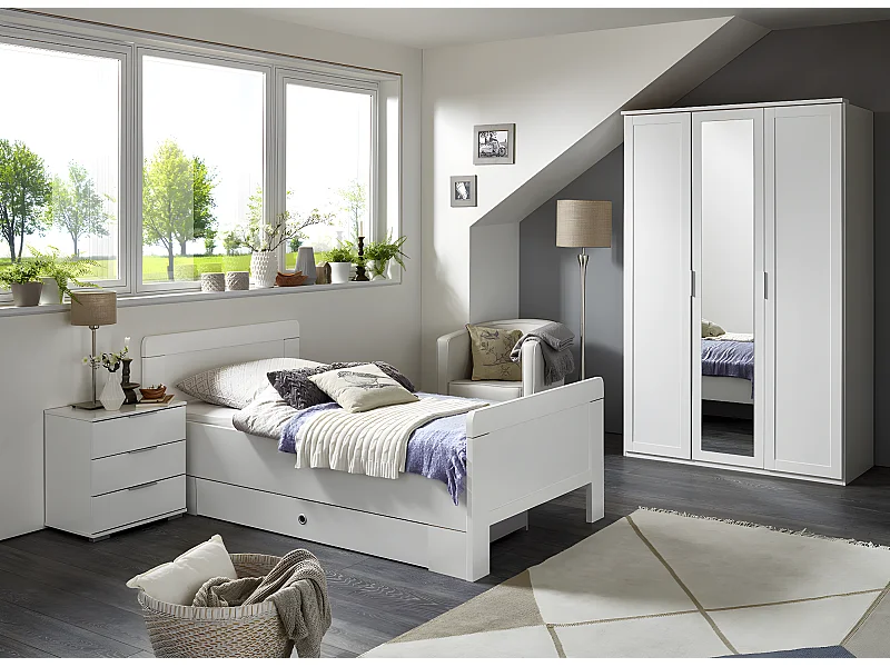 Chambre à coucher complète enfant (lit 90x200cm + tiroir + chevet + armoire) coloris blanc