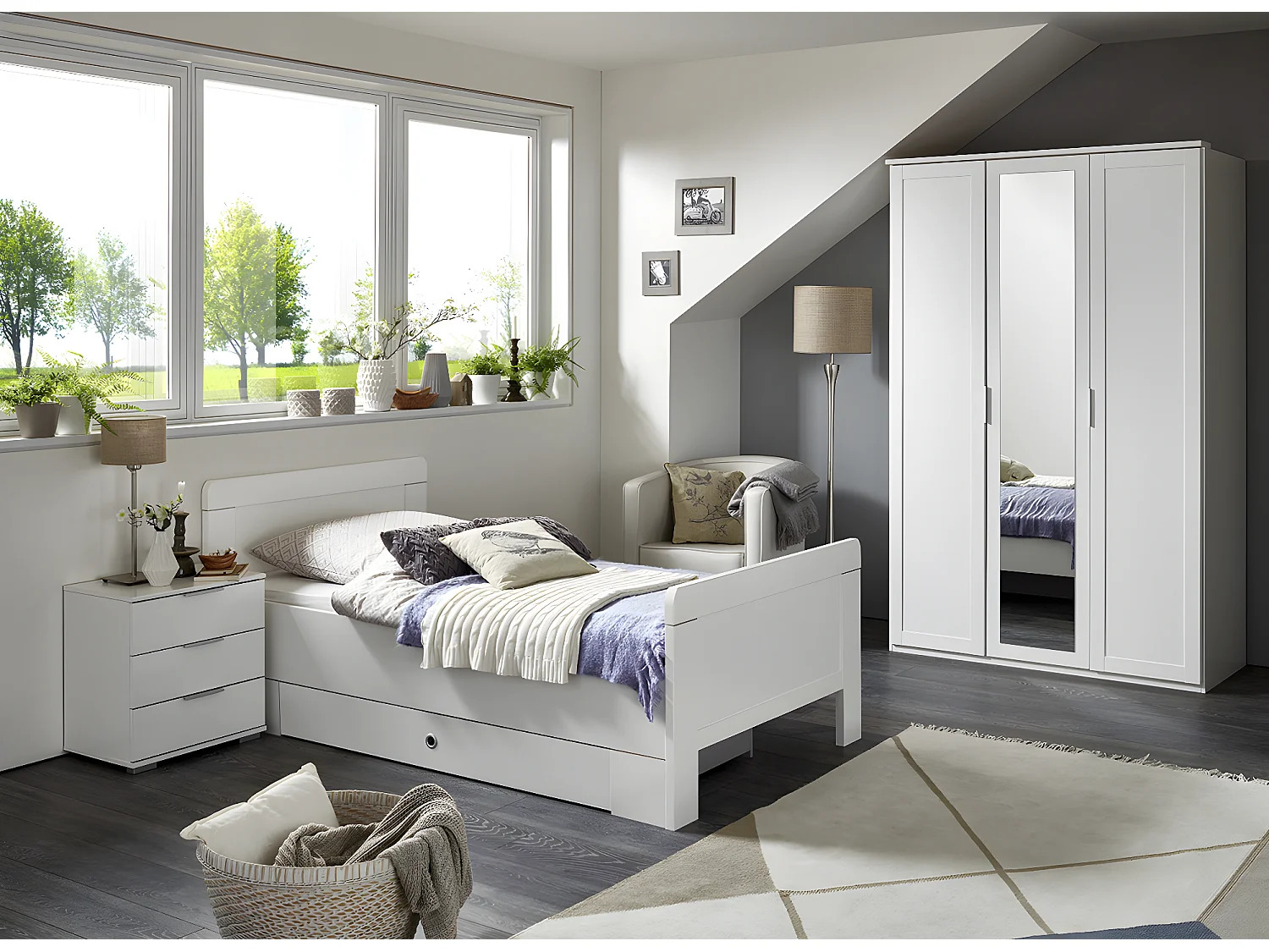 Chambre à coucher complète enfant (lit 90x200cm + tiroir + chevet + armoire) coloris blanc