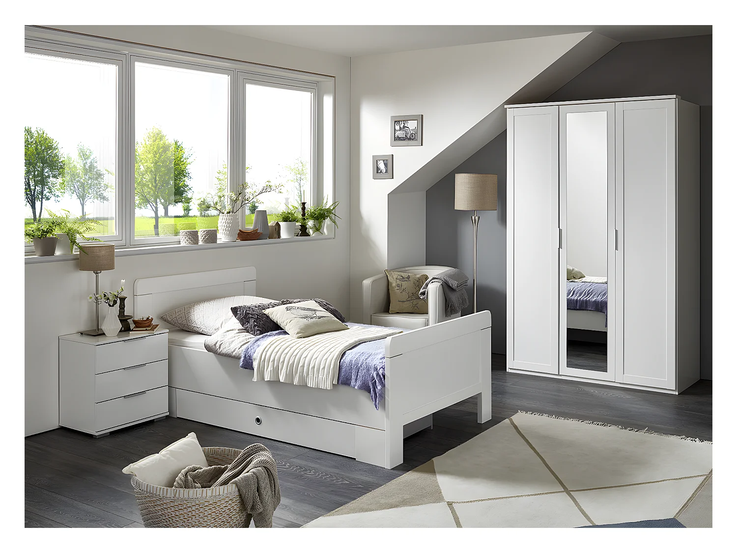 Chambre à coucher complète enfant (lit 90x200cm + tiroir + chevet + armoire) coloris blanc