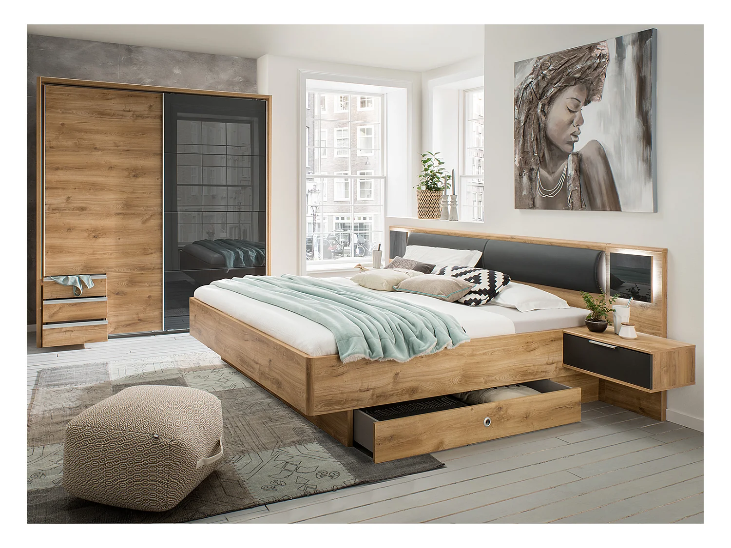 Chambre à coucher complète adulte (lit 160x200 cm Queen Size + 2 chevets + 2 tiroirs + armoire)