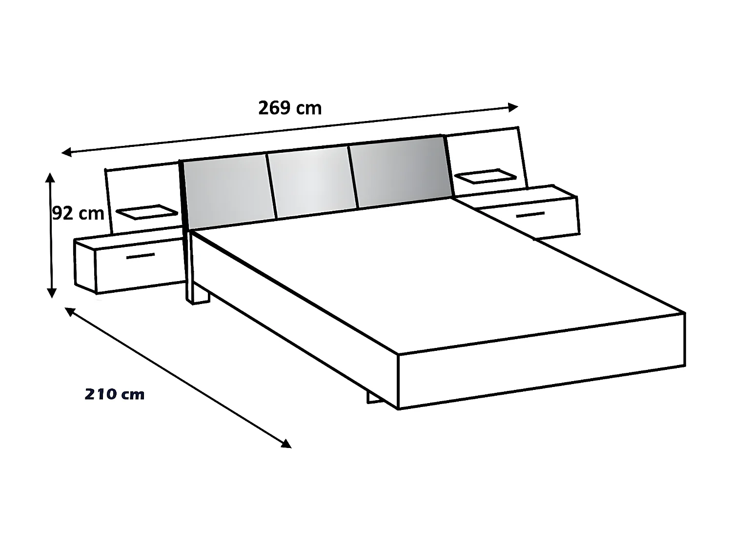 Chambre à coucher complète adulte (lit 160x200 cm Queen Size + 2 chevets + 2 tiroirs + armoire)