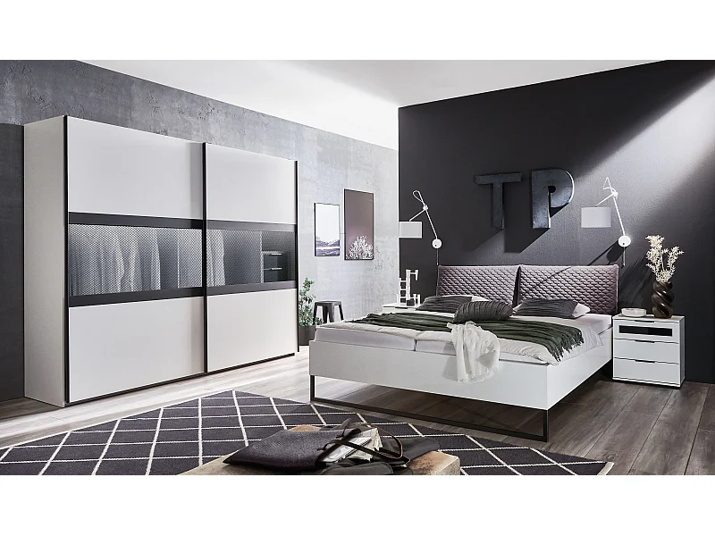 Ensemble de chambre à coucher ( armoire + lit + 2 chevets ) coloris Blanc, rechampis graphite