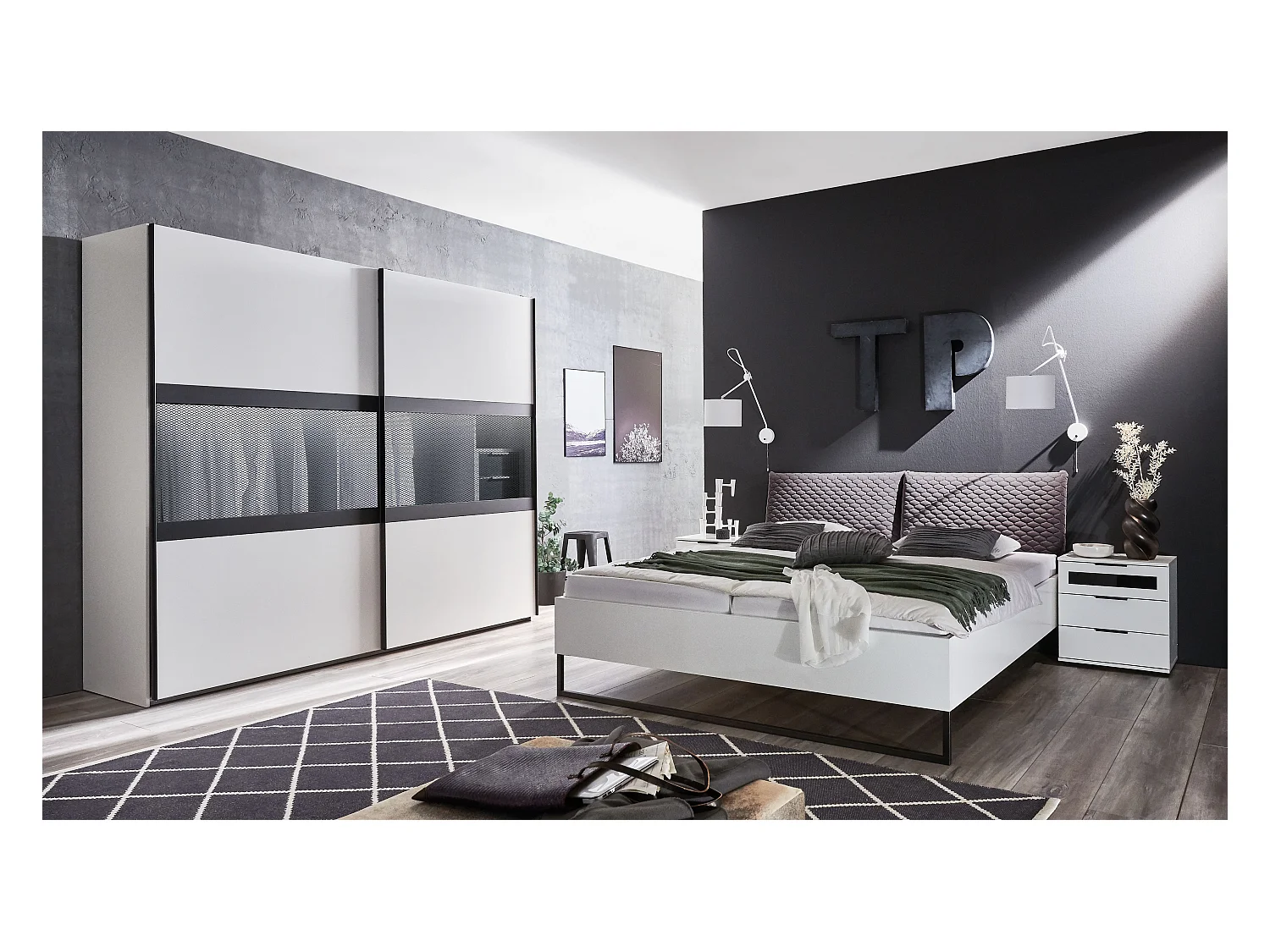 Ensemble de chambre à coucher ( armoire + lit + 2 chevets ) coloris Blanc, rechampis graphite