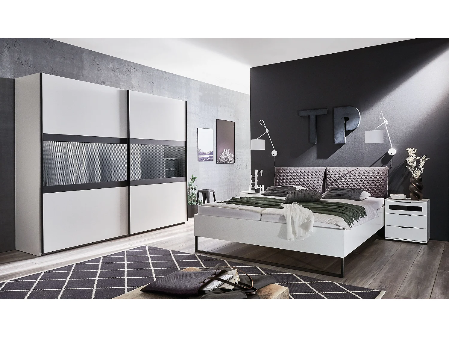 Ensemble de chambre à coucher ( armoire + lit + 2 chevets ) coloris Blanc, rechampis graphite