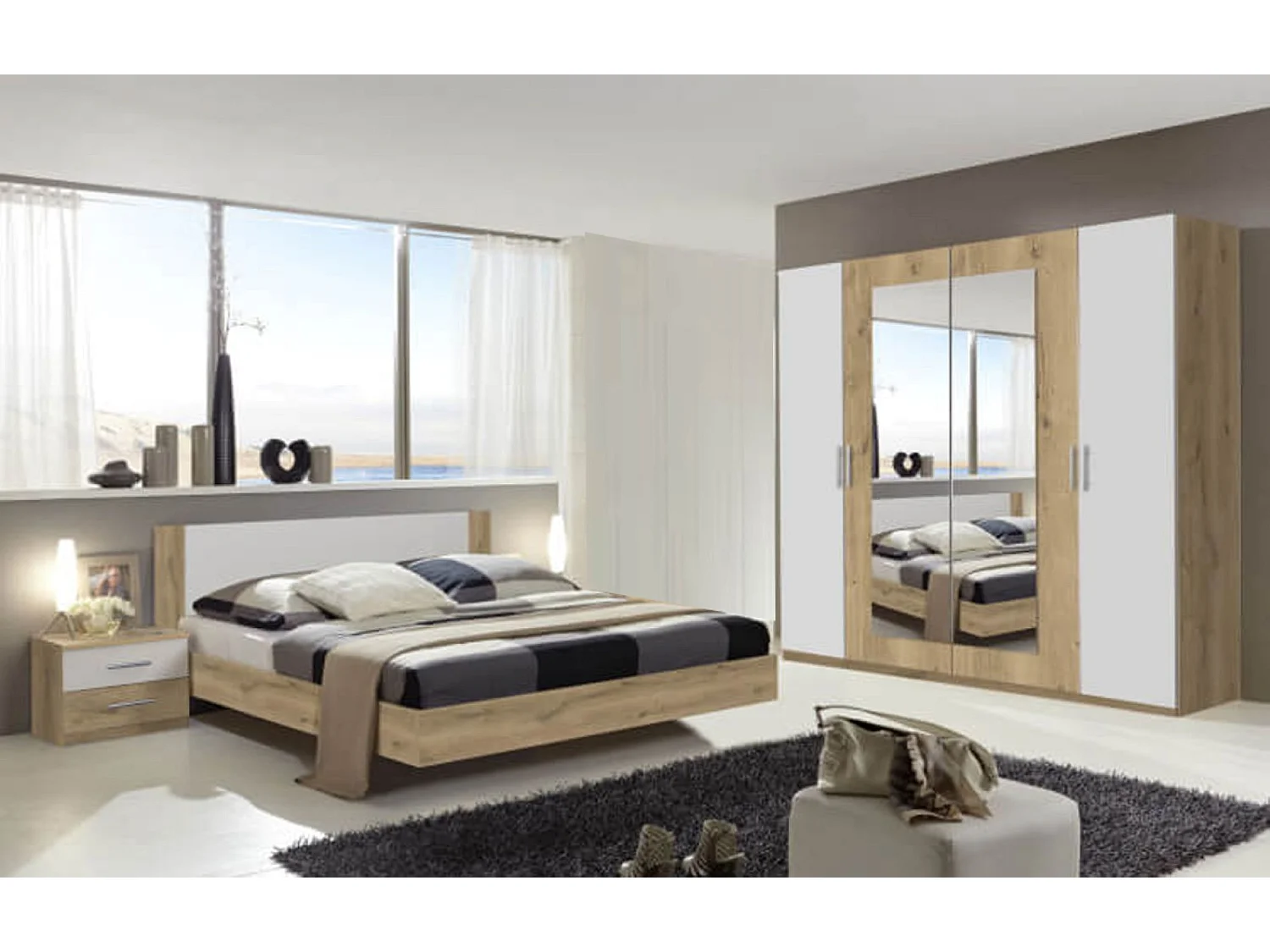 Chambre à coucher complète adulte (lit 160x200 cm + 2 chevets + armoire)