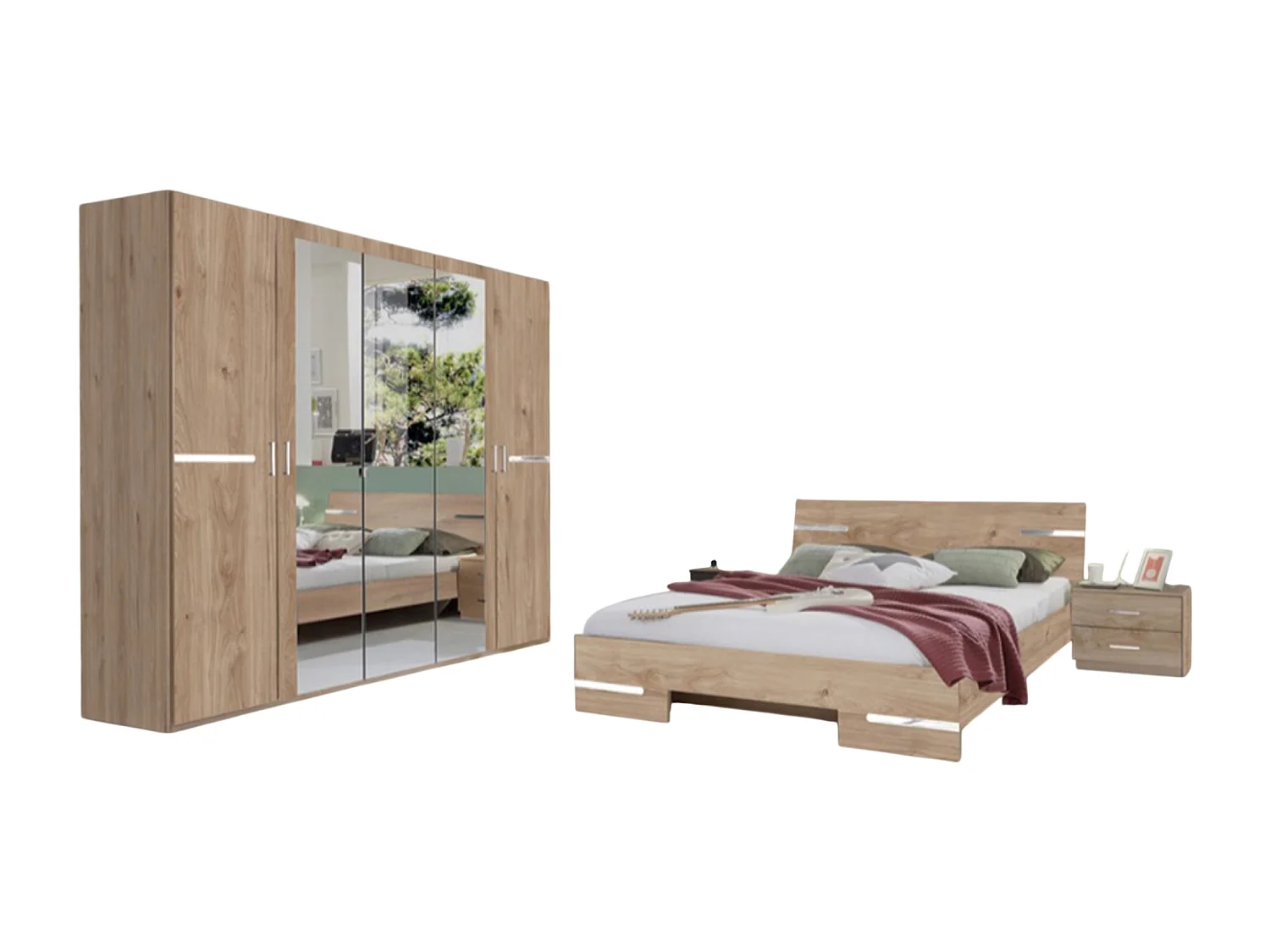 Chambre à coucher complète adulte (lit 140x190 cm + 2 chevets + armoire)