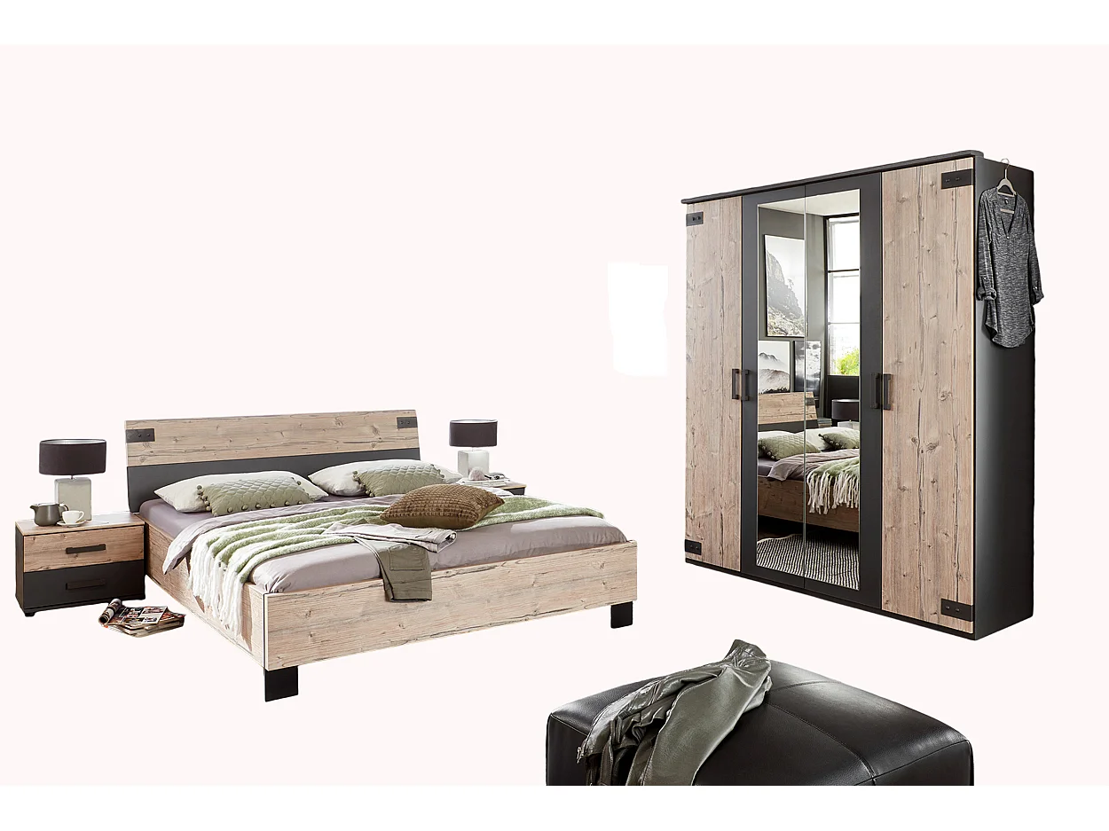 Chambre à coucher complète adulte (lit 160x200cm + 2 chevets + armoire) coloris chêne