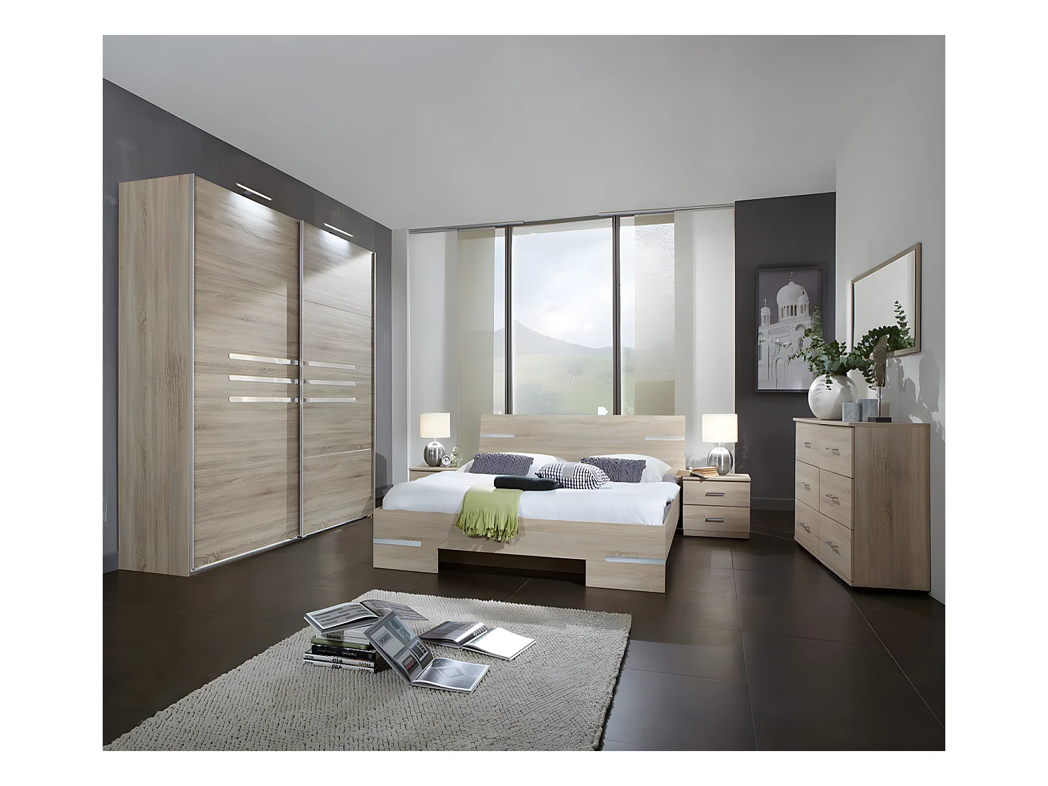 Chambre adulte imitation chêne en panneaux de particules Dim : 180 X 200 cm