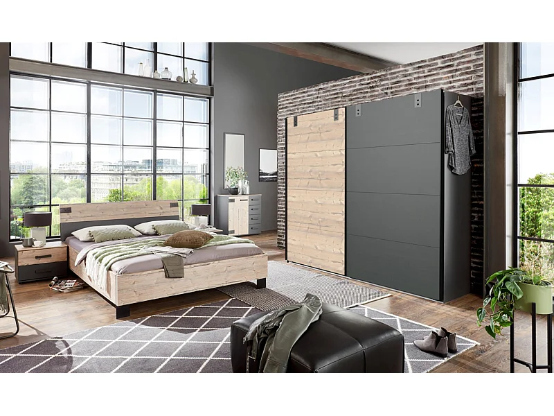 Chambre à coucher complète adulte (lit 180x200 cm + 2 chevets + armoire + commode), coloris chêne