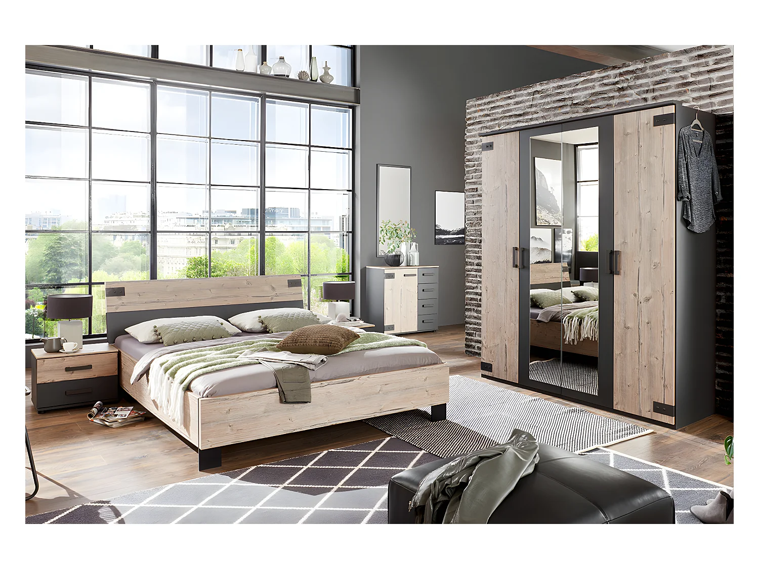 Chambre à coucher complète adulte (lit 160x200 cm + 2 chevets + armoire + commode) coloris chêne