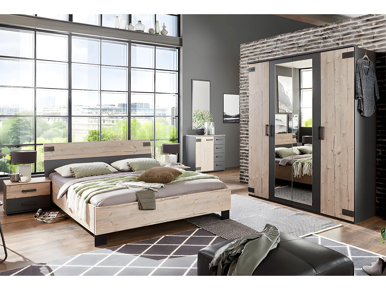 Chambre à coucher complète adulte (lit 160x200 cm + 2 chevets + armoire + commode) coloris chêne