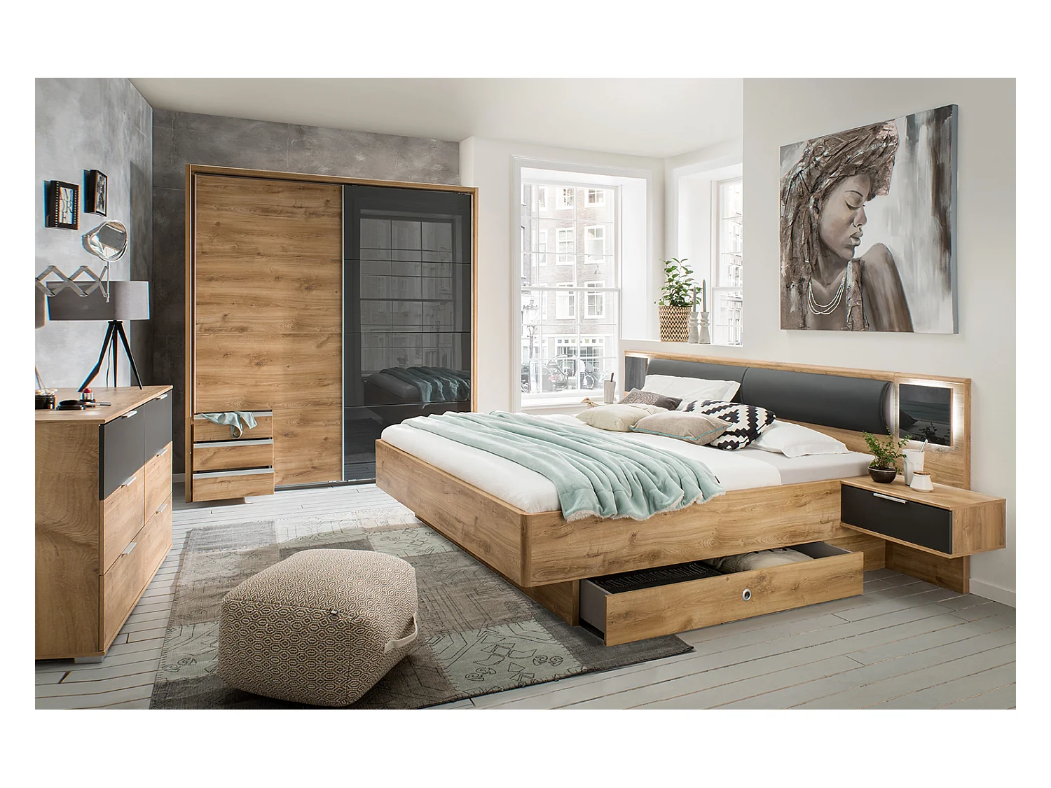 Chambre à coucher complète adulte (lit 16x200 cm + 2 chevets + 2 tiroirs + armoire + commode)