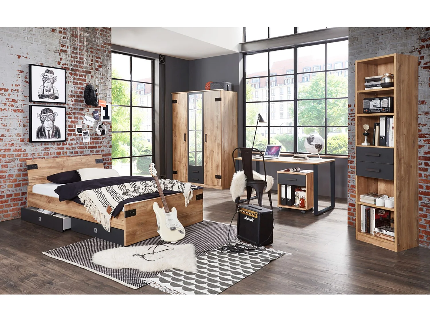 Ensemble chambre adulte Imitation chêne poutre - 140 x 200 cm