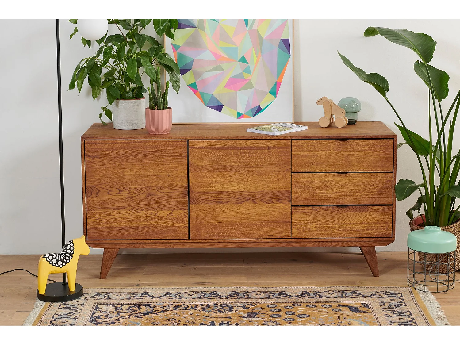 Buffet bas rétro en bois chêne 2 portes 3 tiroirs L160 noir - MALLET