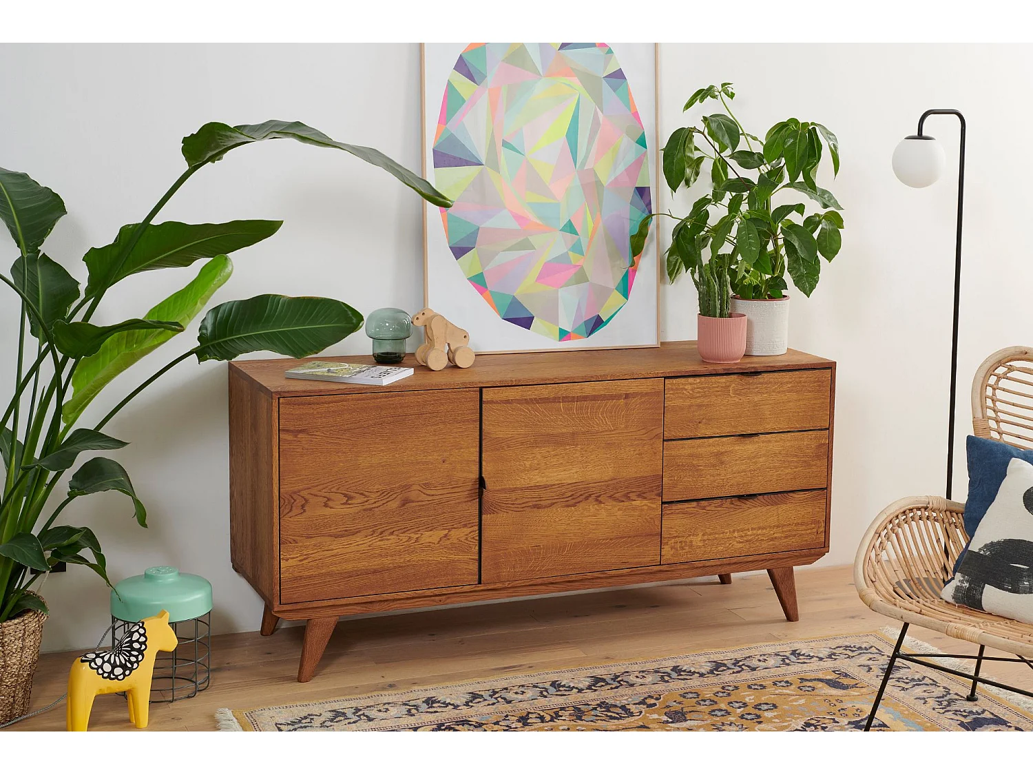 Buffet bas rétro en bois chêne 2 portes 3 tiroirs L160 noir - MALLET