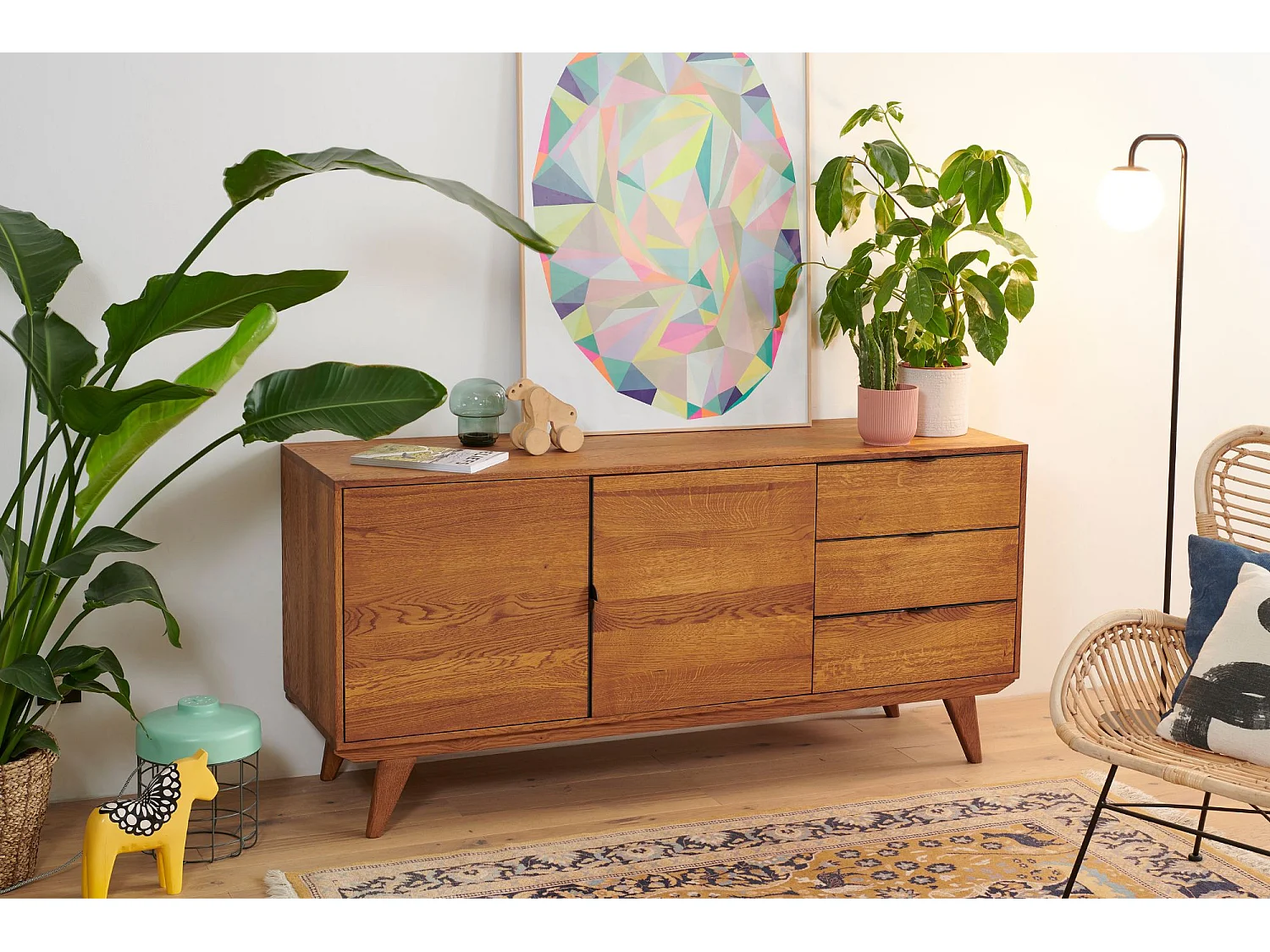 Buffet bas rétro en bois chêne 2 portes 3 tiroirs L160 noir - MALLET