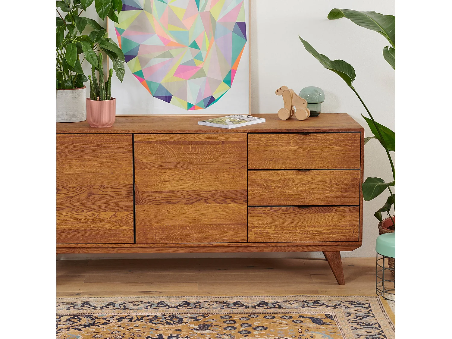 Buffet bas rétro en bois chêne 2 portes 3 tiroirs L160 noir - MALLET