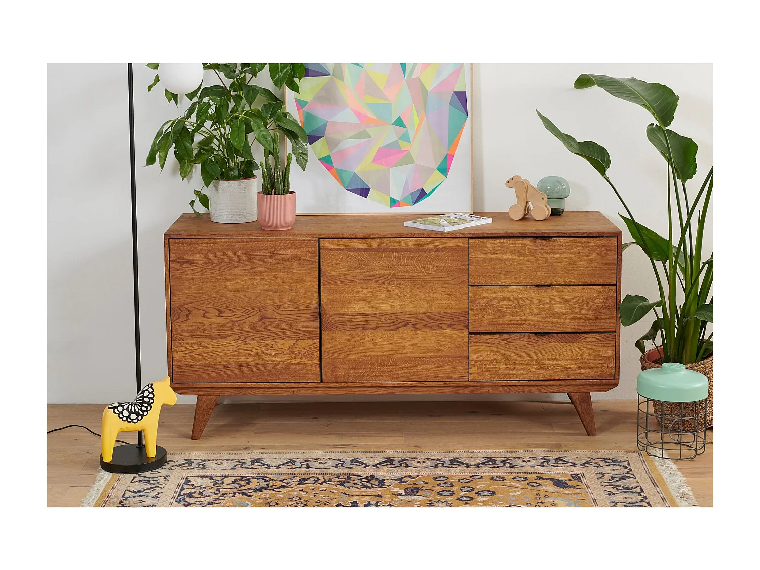 Buffet bas rétro en bois chêne 2 portes 3 tiroirs L160 noir - MALLET