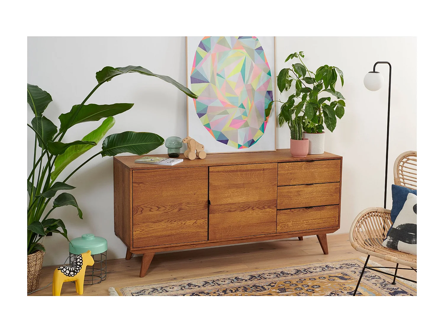 Buffet bas rétro en bois chêne 2 portes 3 tiroirs L160 noir - MALLET