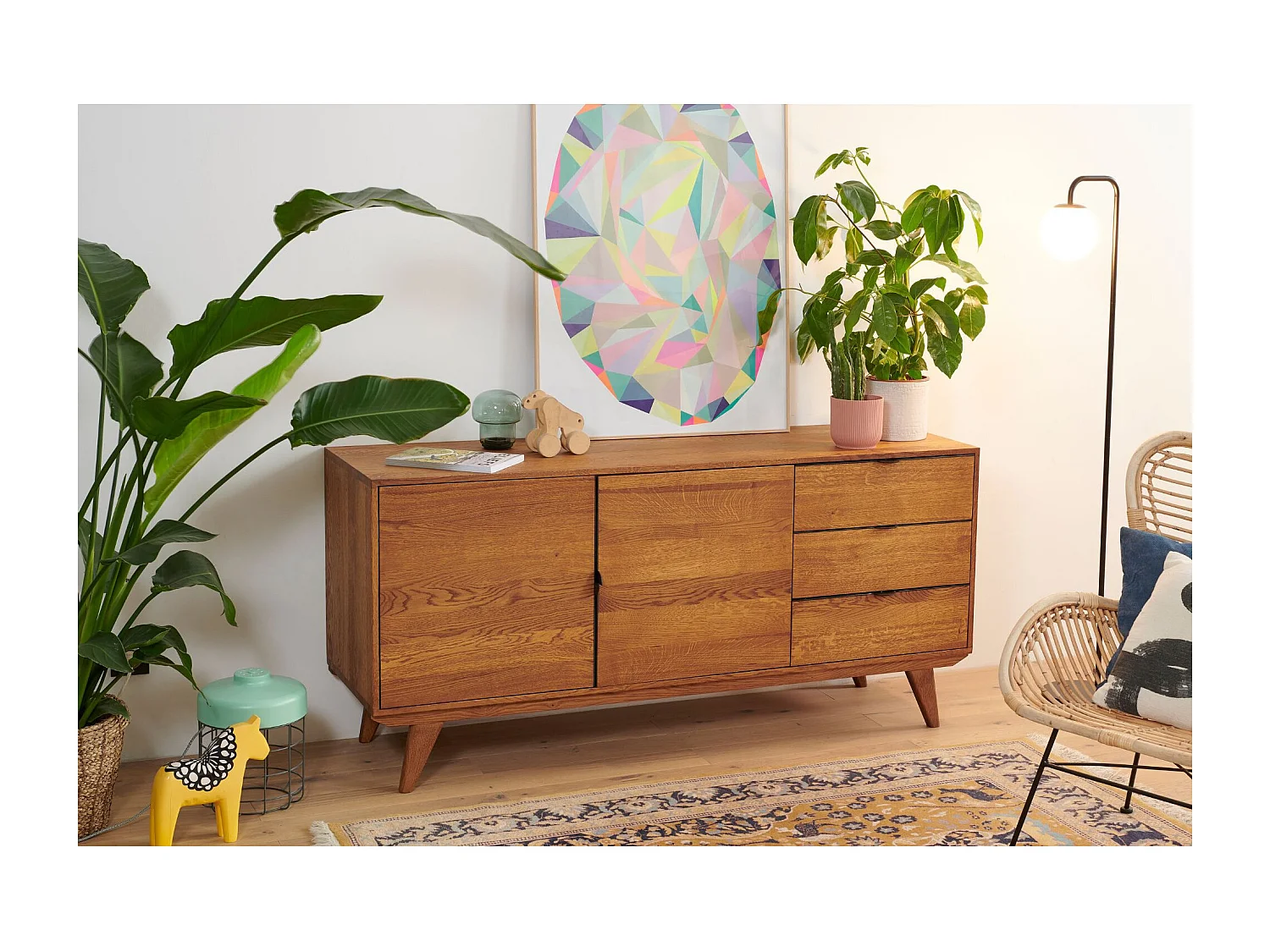 Buffet bas rétro en bois chêne 2 portes 3 tiroirs L160 noir - MALLET