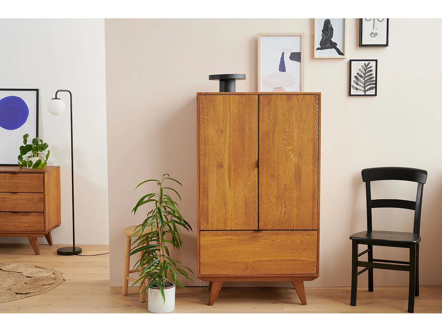 Buffet haut rétro en bois 2 portes 1 tiroir L80 H140 noir - MALLET