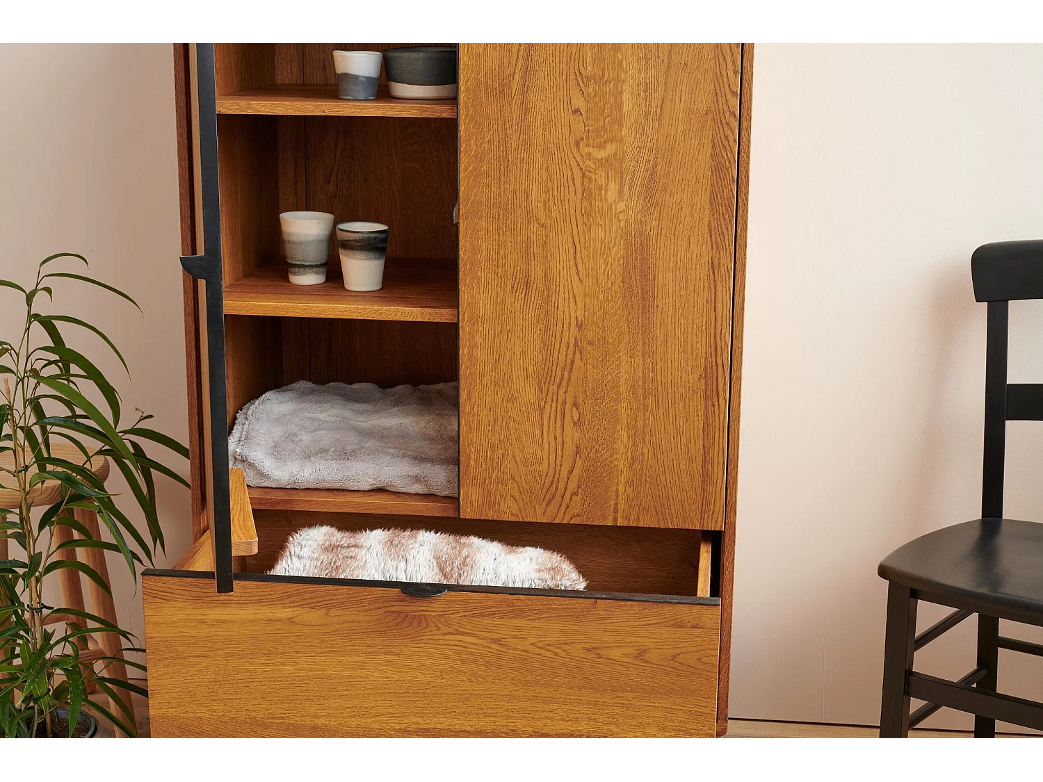 Buffet haut rétro en bois 2 portes 1 tiroir L80 H140 noir - MALLET