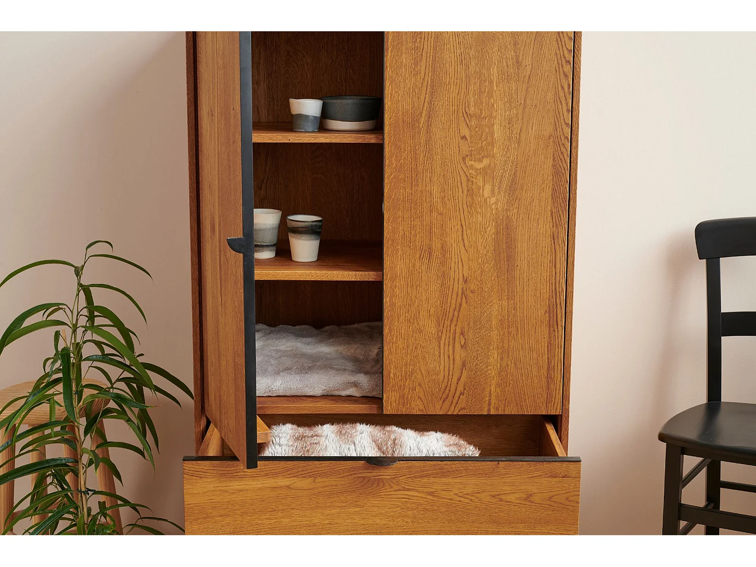 Buffet haut rétro en bois 2 portes 1 tiroir L80 H140 noir - MALLET