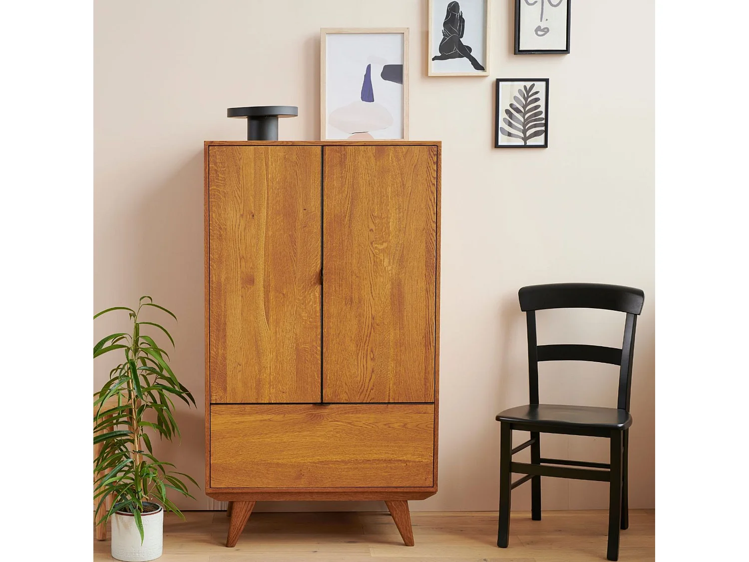 Buffet haut rétro en bois 2 portes 1 tiroir L80 H140 noir - MALLET